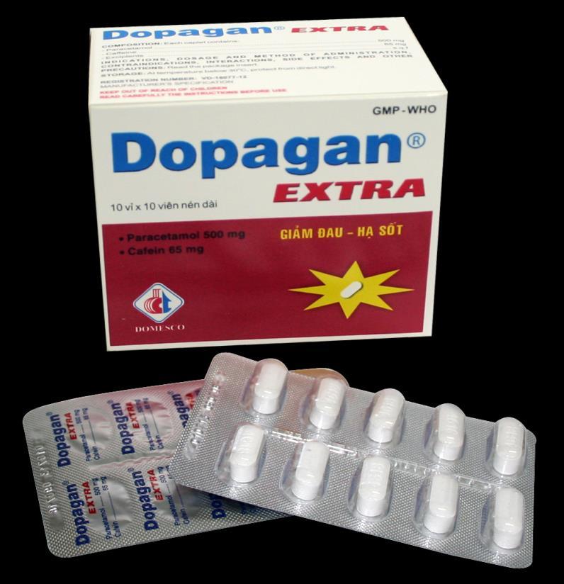 DOPAGAN Viên nén dài bao phim Hộp 2 vỉ x 10 viên EXTRA Thành phần: - Paracetamol 500mg - Cafein.