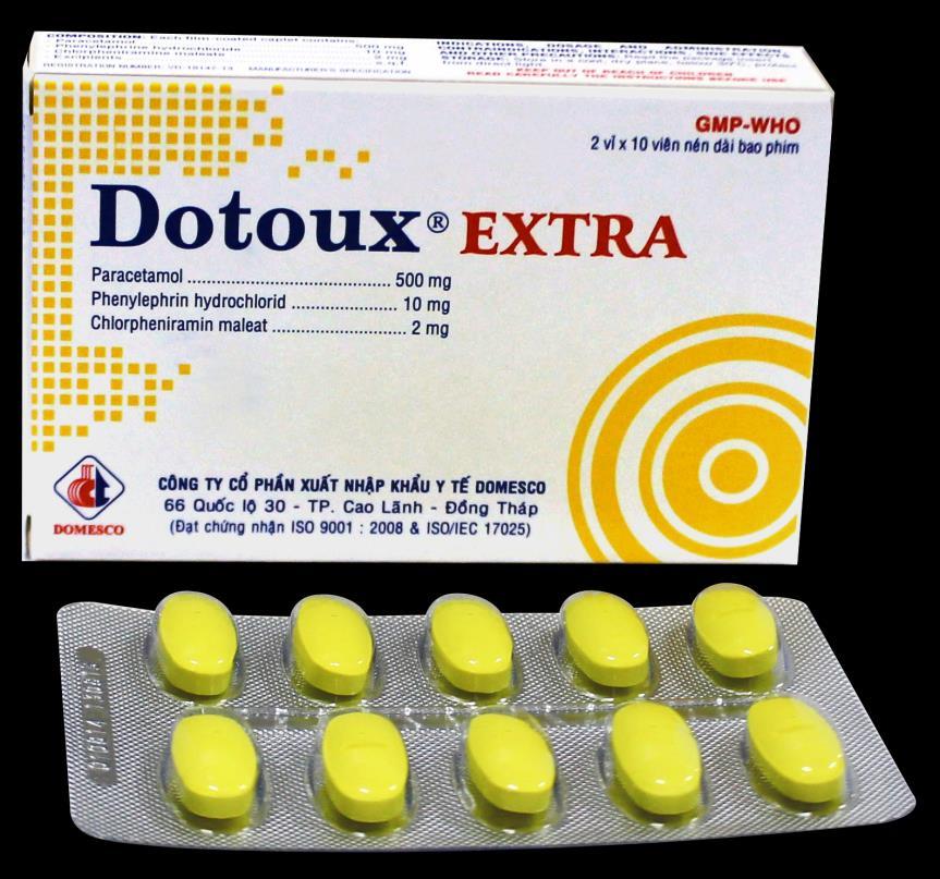 DOTOUX Extra Thành phần: - Paracetamol. 500mg - Phenylephrin HCl. 10mg - Chlorpheniramin maleat.