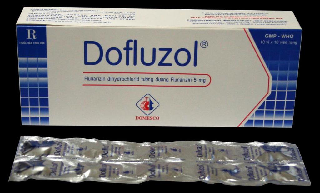 DOFLUZOL Viên nang Hộp 10 vỉ x 10 viên Thành phần: - Flunarizin dihydrochlorid tương ứng Flunarizin.