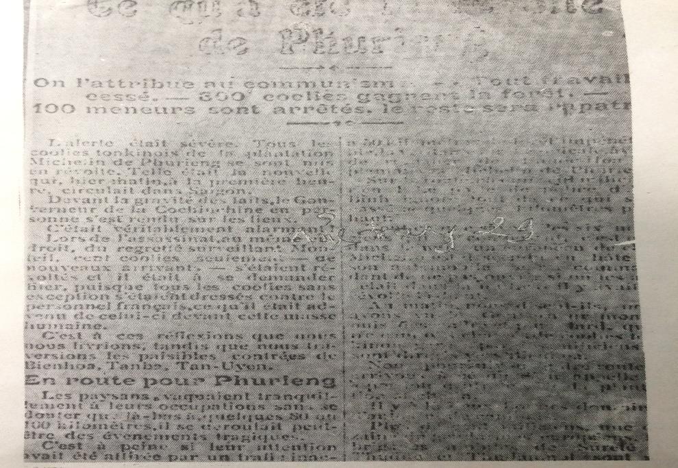 34 Báo tiếng Pháp xuất bản ở Sài Gòn đưa tin về cuộc nổi dậy Vào sáng mồng 1 Tết năm Canh Ngọ (tức ngày 30/1/1930), công nhân mở đầu cuộc đấu tranh bằng đòn thị uy ra quân, công nhân đã biến việc