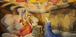 -Trong đền thánh Trinh Nữ Maria cầu nguyện Rực sáng xuất hiện Thiên Sứ truyền tin : Kính chào Trinh Nữ tràn đầy ơn phúc! Bà sinh Đấng Cứu Thế bởi phép Thánh Thần.