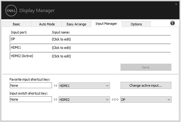 Quản lý nhiều đâ u vào video Thẻ Input Manager (Trình quản lý đâ u vào) cung cấp các cách thư c tiện lơ i để ba n quản lý nhiê u đầu vào video đươ c kê t nô i với màn hình Dell.
