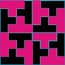 Tổng số ô vuông là : 8 x 8 = 64 (ô) Khi ta cắt hình vuông ban đầu thành các phần nhỏ (hình chữ T), mỗi phần gồm 4 ô vuông thì sẽ được số hình là : 64 : 4 = 16 (hình) Ta có thể cắt theo nhiều cách