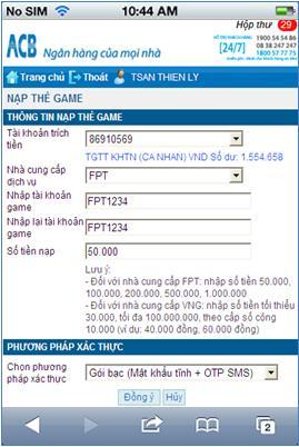 B4.9. NẠP THẺ GAME Khách hàng có thể nạp Bạc cho tài khoản game của FPT và nạp Zingxu cho tài khoản game VNG.
