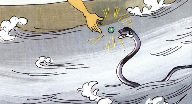 nhìn. Đột nhiên một con rắn trắng lóe sáng trên mặt nước giống hệt con rắn mòng