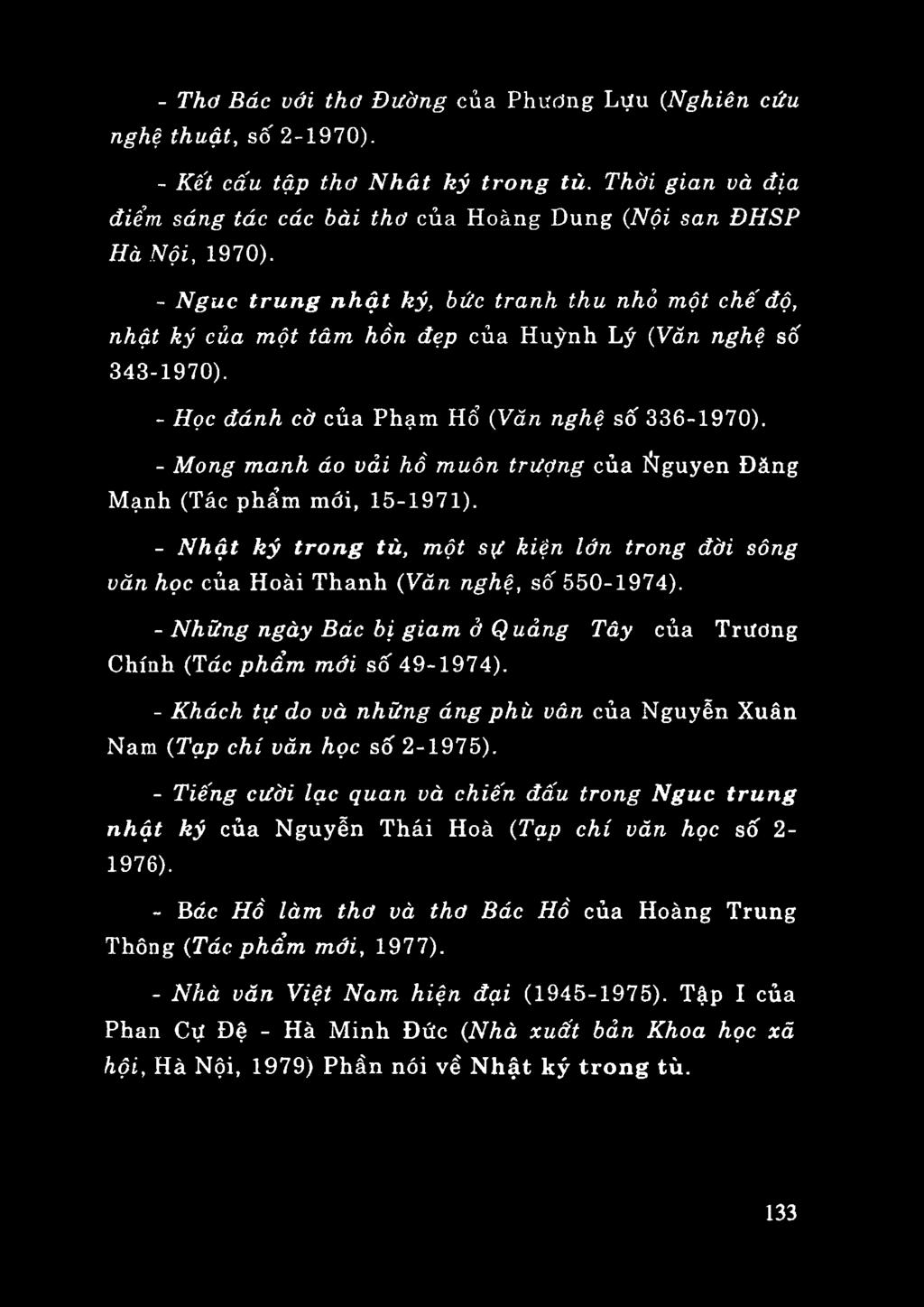 - Mong manh áo vải hồ muôn trượng của Ñguyen Đăng Mạnh (Tác phẩm mới, 15-1971). - Nhật ký trong tù, một sự kiện lớn trong đời sông văn học của Hoài Thanh (Văn nghệ, số 550-1974).
