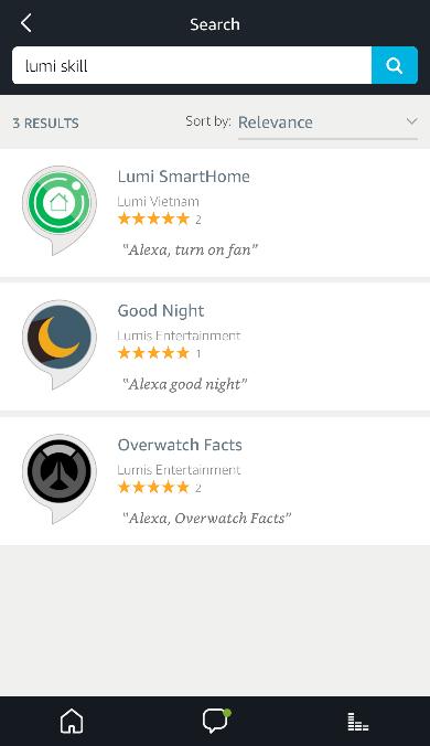 Lumi Smarthome trên kho ứng dụng của Amazon. Trong menu chọn Skills.