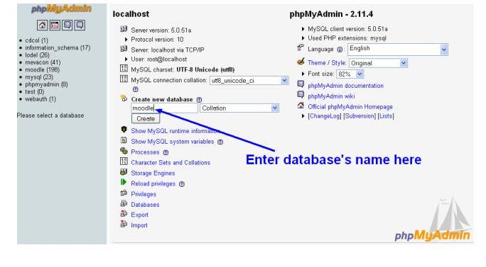 Truy cập máy chủ giả lập tại địa chỉ http://localhost Trong tab Database, nhập tên cơ sở dữ liệu mà mình muốn tạo vào ô Create new Database, sau