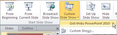 Để bắt đầu trình chiếu, bạn chuyển qua nhóm Start Slide Show trên ngăn Slide Show và chọn lệnh: Hình 290.