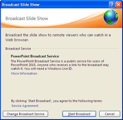 Mặc định dịch vụ PowerPoint Broadcast Service được chọn và bạn nếu muốn thì có thể nhấn nút Change Broadcast Service để đ i sang một dịch vụ khác mà bạn đang s dụng.