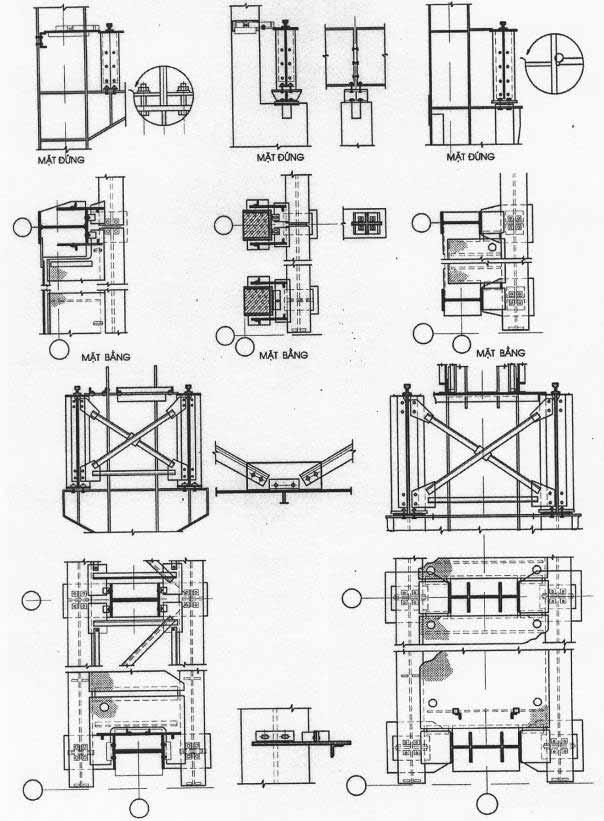 Hình 17: Liên kết dầm cầu chạy bằng thép với cột thép (cột biên và cột giữa) Trong nhà có cầu trục treo, dầm cầu chạy bằng thép dạng chữ I, vừa là kết cấu chịu lực, vừa là ray.