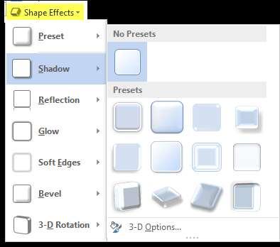 + Shape Effects: Ý nghĩa tương tự như lệnh Effect trong phần Picture, bạn sử dụng công cụ này để tùy chỉnh các ứng dụng hình ảnh cho các đối tượng Shape.