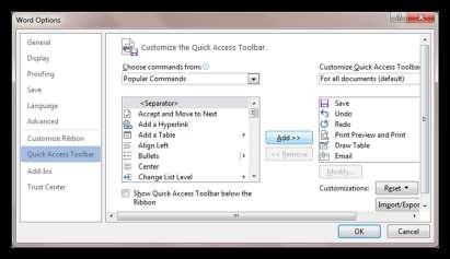 danh sách Quick Access Toolbar.