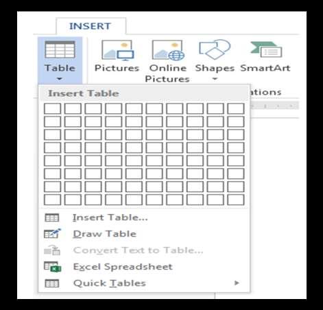 - Tạo bảng bằng cách lựa chọn cấu trúc có sẵn: Trong mục Insert Table bạn di chuyển chuột để chọn cấu trúc bảng