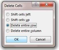 Hộp thoại Delete Cells xuất hiện tích chọn mục Delete entire row rồi nhấp Ok.