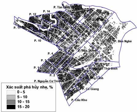 Trên hình 7 minh họa kết quả đánh giá rủi ro động đất cho các quận 1 và 3, thành phố Hồ Chí Minh theo động đất kịch bản đứt gãy Thuận Hải - Minh Hải (M W = 5,6; h=15km).