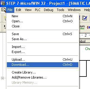 Gạt contact (3 tiếp điểm) trên PLC qua vị trí TERM rồi chọn menu PLC /STOP. b. Vào menu File/Download (Ctrl+D). c. Chọn các thành phần cần nạp vào PLC (phải chọn Program).