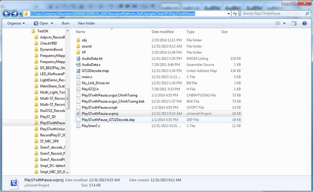 4.1.1 Phát nhạc từ Flash nội của ISD9160 Sử dụng phần mềm ISD-VPE9160 để tạo file dữ liệu âm thanh như hướng dẫn phía trên Chạy project PlayS7withPause Copy