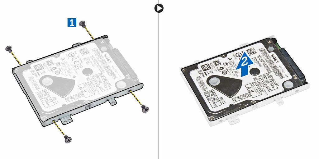 Căn chỉnh các lỗ bắt vít trên ổ đĩa cứng với các vít trên tấm đậy ổ đĩa cứng. 2.