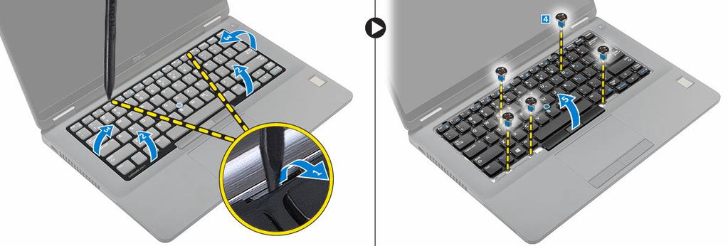 Lắp đặt bàn phím 1. Căn chỉnh bàn phím với các lỗ bắt vít trên máy tính. 2. Vặn các vít để giữ chặt bàn phím vào máy tính. 3.
