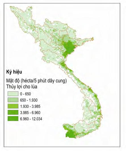 Đồ thị 4-15: Mật độ trồng lúa từ bộ số liệu SPAM Chú thích: Nghiên cứu này chỉ xem xét những phần lãnh thổ của Việt Nam mà chúng tôi có thông tin để phân tích, vì vậy bản đồ trong đồ thị trên không