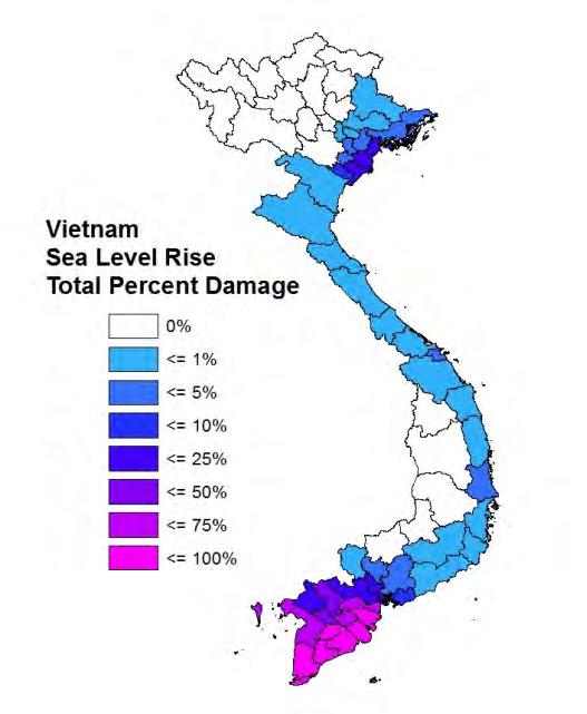Đồ thị 5-5: Tổng % và tổng chi phí thiệt hại ước tính cho một mét NBD theo tỉnh và theo vùng Nước biển dâng Việt Nam Nước biển dâng Việt Nam Tổng chi phí thiệt hại khi ngập 1 m Phần trăm thiệt hại