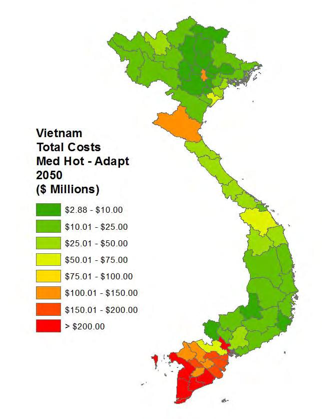sông Hồng 5,3 13,1 18% 38% Đông Nam Bộ 13,9 21,7 17% 63% Đồ thị 5-7: Tổng chi phí thiệt hại ở cấp tỉnh (triệu USD) theo kịch bản nóng trung bình Tổng chi phí Nóng TB-Không có BP thích ứng 2050, triệu