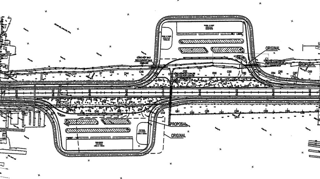 Thiết kế ban đầu và thiết kế đề xuất của khu dịch vụ f) Sửa đổi các bãi đậu xe của khu đậu xe - Trong thiết kế ban đầu, phương pháp đậu xe của xe có kích thước lớn