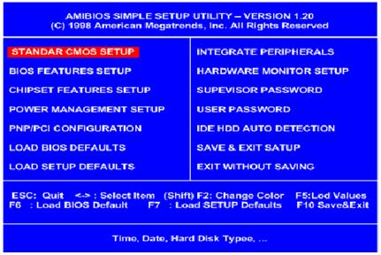 ( Chú ý nếu bấm Delete không được thì bấm F2 hoặc F10 ) Màn hình CMOS được biểu thị như sau: Màn hình thiết lập CMOS SETUP Để mở một mục bạn di vệt sáng đến mục đó, và nhấn enter Để di chuyển các vệt