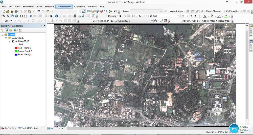 Hình 4.3. Ảnh trên ArcMap sau khi đăng ký tọa độ 4.5. Xây dựng lớp dữ liệu về cây xanh trong khuôn viên trường Đại học Nông Lâm Tp.