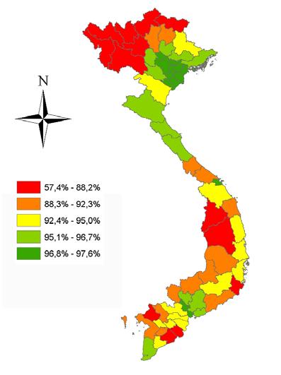 theo là Hà Giang, Điện Biên, Sơn La, và Lào Cai. Chi tiết về tỷ lệ biết đọc biết viết của 63 tỉnh được trình bày trong xem Phụ lục 2. Hình 3.