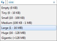 Phần 1: Căn bản Windows Tìm kiếm Folder/File: Size Empty: Tìm kiếm các file có dung lượng = 0 KB Tiny: Small: Medium: Large: Huge: Gigantic: Lựa chọn khác: >; <; >=; <=; ví dụ: size:> 1.