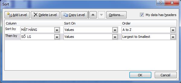 MS Excel: Sắp xếp và lọc dữ liệu Sắp xếp dữ liệu sử dụng hộp thoại Sort: Chọn vùng dữ liệu cần sắp xếp Thêm cột sắp xếp Xóa