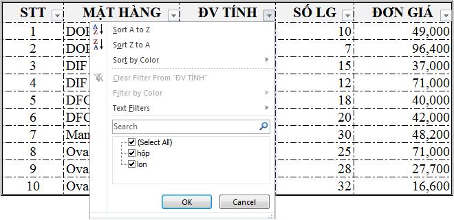 MS Excel: Sắp xếp và lọc dữ liệu Lọc dữ liệu Auto Filter Click vào ký hiệu tam giác tại cột cần lọc và chọn: Có thể lọc dữ liệu trên nhiều cột.