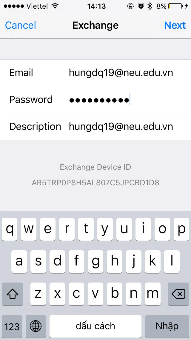 Điền tên đăng nhập và mật khẩu, ví dụ tài khoản của Đặng Quốc Hưng có tên Email là hungdq19@neu.edu.