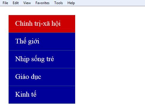 1.9 Bài tập số 8:. Sử dụng css thiết kế menu dọc. Mô tả: đặt tên trang web: bai_tap so_8.html.