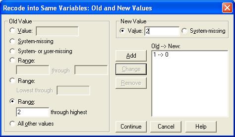 Hộp thoại Recode into Same Values: Old and NewValues Old->New. Danh sách các trị số sẽ được sử dụng để mã hoá biến (hoặc các biến).