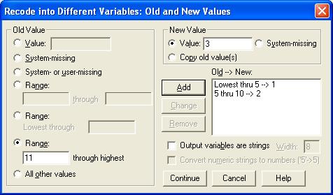 Hộp thoại Recode into Same Values: Old and NewValues Old->New. Danh sách các trị số sẽ được sử dụng để mã hoá biến (hoặc các biến).