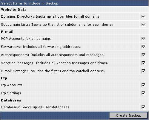 Website Data Domains Directory Mục này sẽ backup tất cả các file trong thư mục domain của bạn. Các thư mục backup bao gồm: logs, private_html, public_ftp, public_html, và stats.
