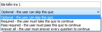 4 loại Quiz: 1. Optional. Có thể bỏ qua. 2. Required. Bắt buộc làm bài. 3.