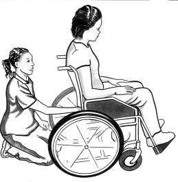 C Yêu cầu người sử dụng xe lăn ngồi lên ngón tay của quý vị. Người sử dụng xe lăn phải ngồi bình thường, mặt hướng về phía trước, và đặt tay trên đùi.