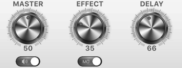 8.6b Các nút cân chỉnh nhạc và micro - <MASTER>: Tăng/giảm âm lượng tổng của nhạc và micro (ON/OFF) - <EFFECT>: Tăng/giảm âm lượng của hiệu ứng micro