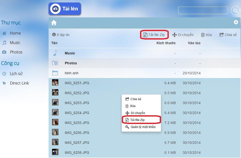 g. Chức năng tải file Zip - Lựa chọn nhiều file/folder cùng