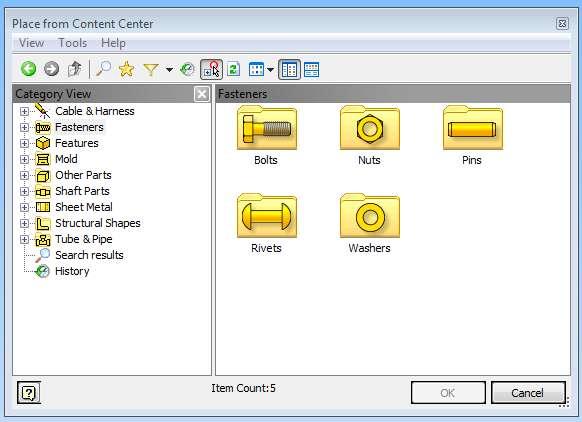 Lệnh Place from Content Center Tính năng: Chèn các chi tiết tiêu chẩn từ thư viện của hệ thống phần mềm.