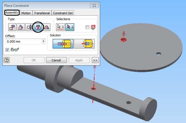 Bước 3: Sử dụng công cụ với lựa chọn Insert ở trang Assembly để ràng buộc đồng tâm và tiếp xúc giữa hai mặt của lỗ trên hai chi tiết Trục
