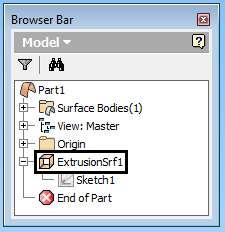 Sau khi thực hiện xong lệnh Extrude, trên thanh Browser Bar sẽ xuất hiện thư mục Extrusion1