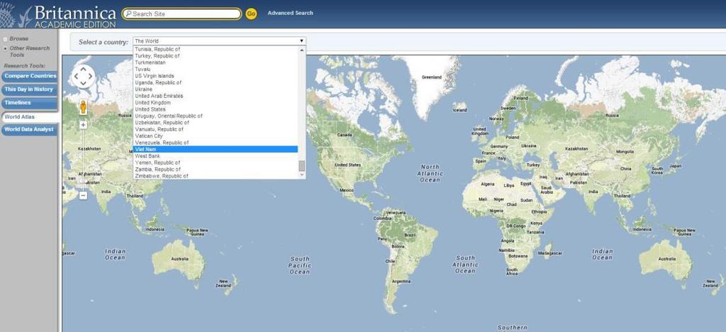 5.11. Bản đồ thế giới/ World Atlas - Để chọn một lục địa / quốc gia / tỉnh / tiểu bang cụ thể, sử dụng menu kéo thả ở góc trên bên phải của trang World Atlas.