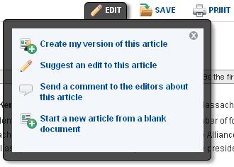 2 Chỉnh sửa - Lên kết chỉnh sửa sẽ mở một menu mới với các các công cụ chỉnh sửa và phản hồi cho các bài viết của Britannica.