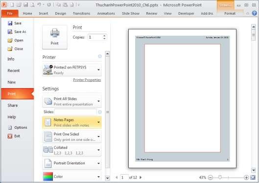 4. Vào File, chọn Print và chọn kiểu in là Notes Page tại phần Settings trong