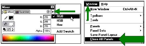 Nhấp phải chuột (trong Windows) hoặc nhấp phải Control (trong Macintosh) và chọn Close Panel trong trình đơn ngữ cảnh.